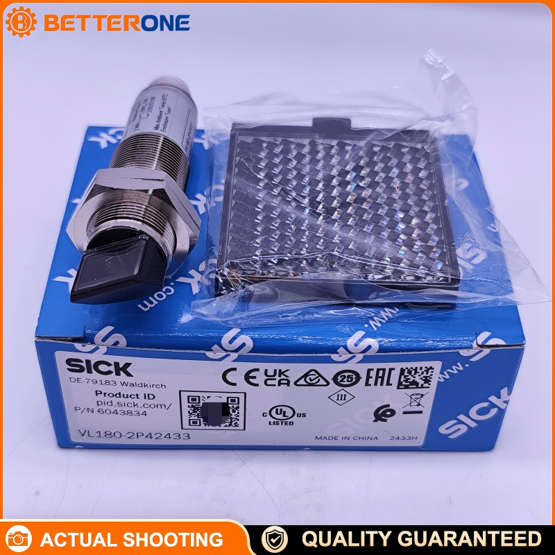 SICK VL180-2P42433 (6043834) V180 Retro-reflective Photoelectric Sensor, M18 metal housing, red light 645nm, 0.05–4.5m (max 5.5m), PNP light/dark switching, 10–30VDC, M12 4-pin, IP67, includes P250 reflector