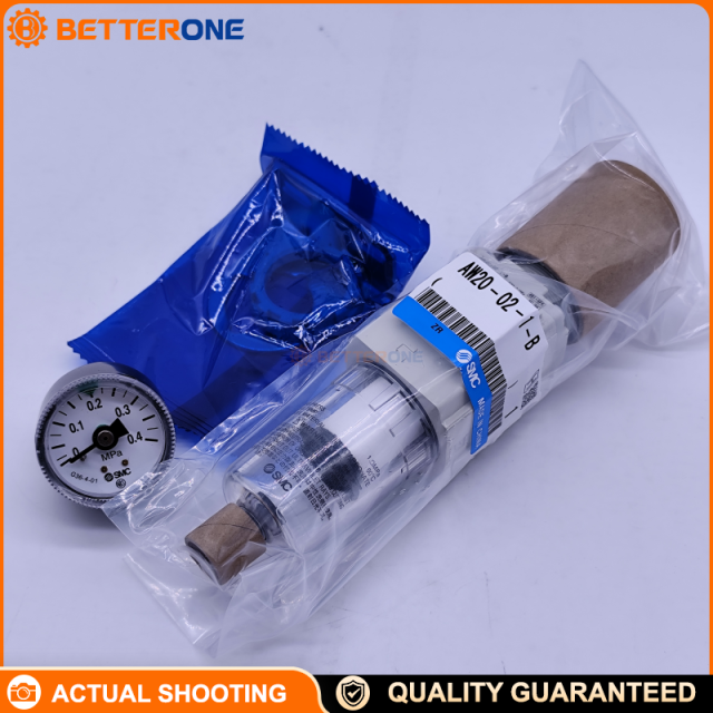 SMC AW20-02BG1-B (also AW20-02BG-1-B) filter regulator with Rc 1/4 ports, 5 µm filtration, B bracket + G round pressure gauge, and “1” low set pressure range 0.02–0.2 MPa; max operating pressure 1.0 MPa for integrated air filtration + regulation.