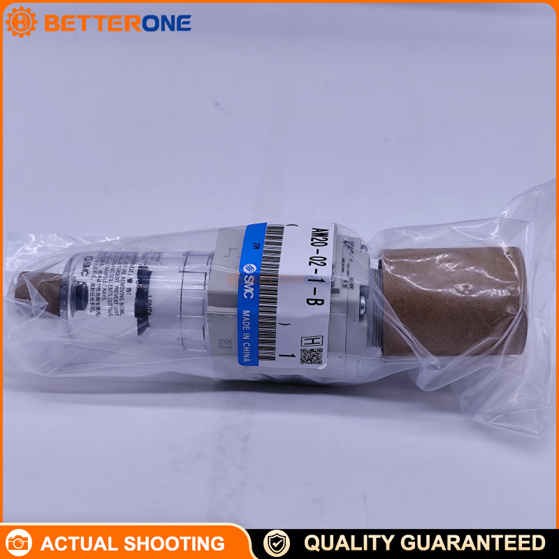 SMC AW20-02BG1-B (also AW20-02BG-1-B) filter regulator with Rc 1/4 ports, 5 µm filtration, B bracket + G round pressure gauge, and “1” low set pressure range 0.02–0.2 MPa; max operating pressure 1.0 MPa for integrated air filtration + regulation.