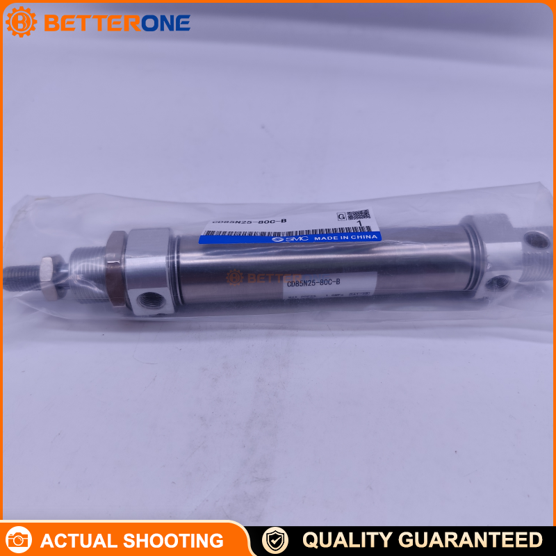 SMC CD85N25-80-CB (also CD85N25-80CB / CD85N25-80C-B) ISO 6432 round body cylinder, double-acting single rod, 25mm bore / 80mm stroke, air cushion, magnetized (auto-switch capable), G1/8 BSPP ports, M10×1.25 rod thread—for pushing
