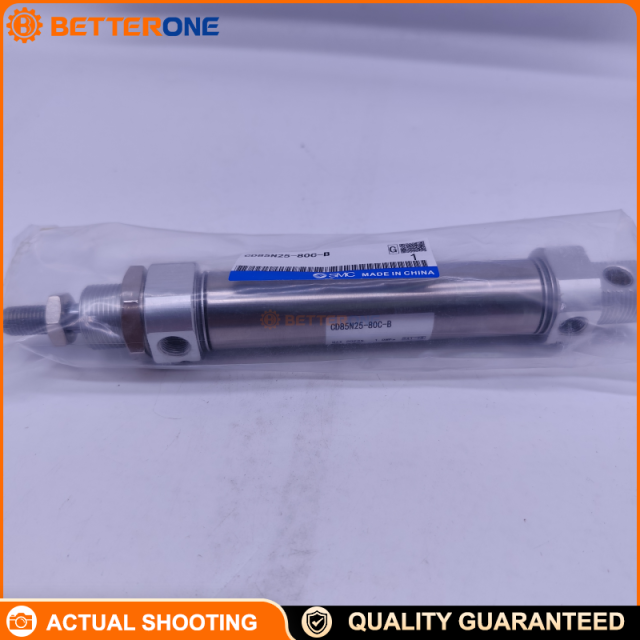 SMC CD85N25-80-CB (also CD85N25-80CB / CD85N25-80C-B) ISO 6432 round body cylinder, double-acting single rod, 25mm bore / 80mm stroke, air cushion, magnetized (auto-switch capable), G1/8 BSPP ports, M10×1.25 rod thread—for pushing