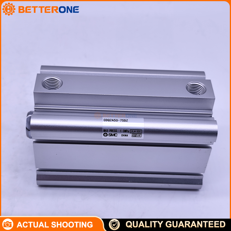 SMC CDQ2A50-75DZ CQ2-Z compact cylinder, 50mm bore × 75mm stroke, double-acting single rod, built-in magnet (auto-switch capable), switch grooves on 4 surfaces, Rc1/4 ports, for clamping/pushing/positioning automation.