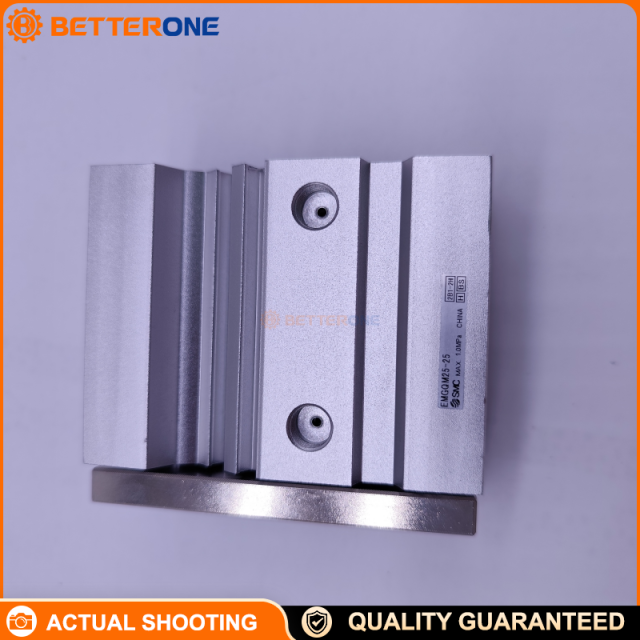 SMC EMGQM25-25 MGQ Compact Guided Cylinder (MGQM slide bearing), 25mm bore / 25mm stroke, double-acting, built-in magnet for auto switches, selectable port thread (Rc/NPT/G; European typically G1/8), rubber bumper both ends, non-lube.