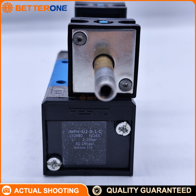 Festo JMFH-5/2-D-1-C (150980) 5/2 bistable solenoid valve, ISO 5599-1 sub-base size 1, G1/4 ports, 1200 l/min, 42 mm width, 2–10 bar, piston gate valve, manual overrides, solenoid coil ordered separately.