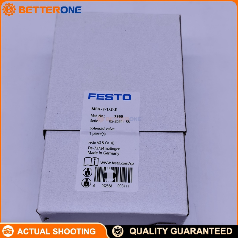 Festo MFH-3-1/2-S (Part No. 7960) 3/2 NC monostable solenoid valve, G1/2, 3700 l/min (DIN 1343), -0.95…10 bar, 52 mm width, poppet seat design, spring return, coil/plug ordered separately, IP65 (with manual override).
