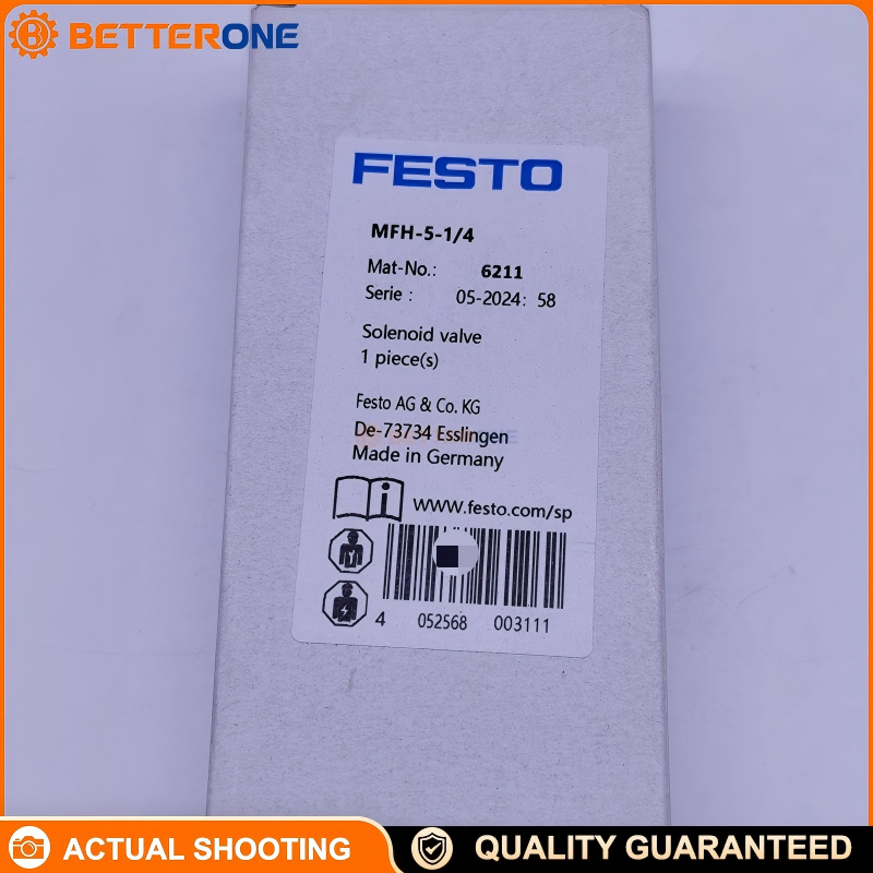 Festo MFH-5-1/4 (Part No. 6211) 5/2-way monostable solenoid valve, 30.5 mm width, 1000 l/min (DIN 1343), G1/4 ports, 2.2–8 bar, mechanical spring return, coil ordered separately, IP65 (manual override).