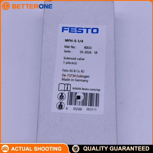 Festo MFH-5-1/4 (Part No. 6211) 5/2-way monostable solenoid valve, 30.5 mm width, 1000 l/min (DIN 1343), G1/4 ports, 2.2–8 bar, mechanical spring return, coil ordered separately, IP65 (manual override).