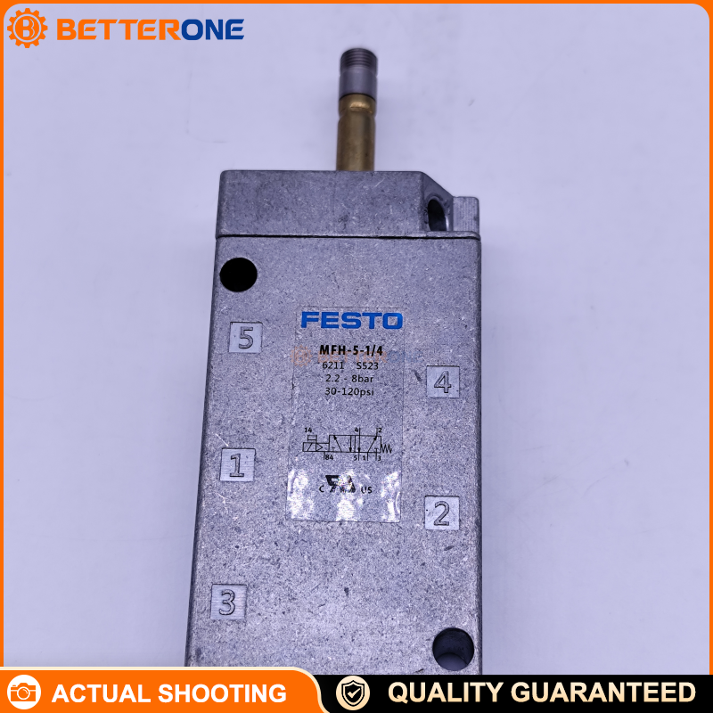 Festo MFH-5-1/4 (Part No. 6211) 5/2-way monostable solenoid valve, 30.5 mm width, 1000 l/min (DIN 1343), G1/4 ports, 2.2–8 bar, mechanical spring return, coil ordered separately, IP65 (manual override).