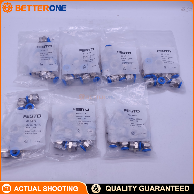 Festo QS-1/2-10 (190646) Straight Push-in Fitting, R1/2 male thread × 10 mm OD tube, nickel-plated brass body, NBR seal, -10…80°C, -0.95…14 bar (6 bar full temp), for compressed air/water.