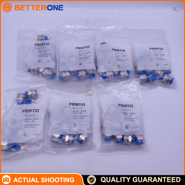 Festo QS-1/2-10 (190646) Straight Push-in Fitting, R1/2 male thread × 10 mm OD tube, nickel-plated brass body, NBR seal, -10…80°C, -0.95…14 bar (6 bar full temp), for compressed air/water.