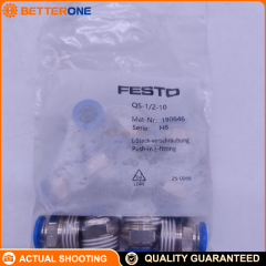 Festo QS-1/2-10 (190646) Straight Push-in Fitting, R1/2 male thread × 10 mm OD tube, nickel-plated brass body, NBR seal, -10…80°C, -0.95…14 bar (6 bar full temp), for compressed air/water.