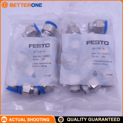 Festo QS-3/8-16 (164957) Straight push-in fitting, R3/8 male thread to 16 mm OD tube, AF22 hex, nickel-plated brass body, NBR seal, -10…80°C, -0.95…6 bar (full temp) up to 14 bar (temp-dependent), for compressed air/water.