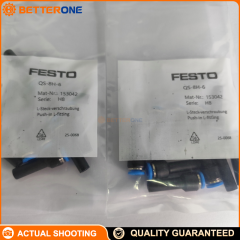 Festo QS-8H-6 (153042) Straight push-in connector: connection 1 push-in sleeve Ø8 mm, connection 2 for Ø6 mm tube OD, 17 mm insertion depth, -0.95…6 bar (full temp) / up to 14 bar (temp-dependent), -10…80°C, PBT body + NBR seal.