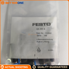 Festo QS-8H-6 (153042) Straight push-in connector: connection 1 push-in sleeve Ø8 mm, connection 2 for Ø6 mm tube OD, 17 mm insertion depth, -0.95…6 bar (full temp) / up to 14 bar (temp-dependent), -10…80°C, PBT body + NBR seal.