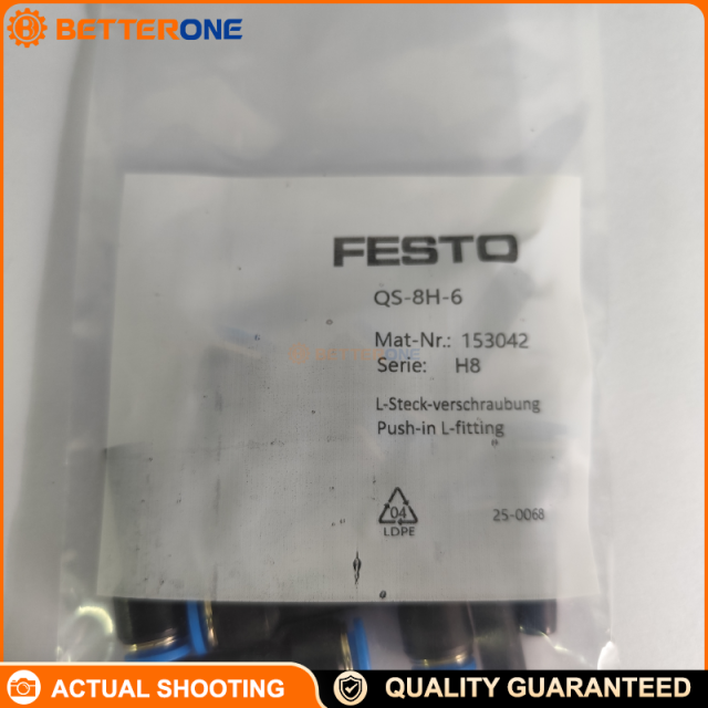 Festo QS-8H-6 (153042) Straight push-in connector: connection 1 push-in sleeve Ø8 mm, connection 2 for Ø6 mm tube OD, 17 mm insertion depth, -0.95…6 bar (full temp) / up to 14 bar (temp-dependent), -10…80°C, PBT body + NBR seal.