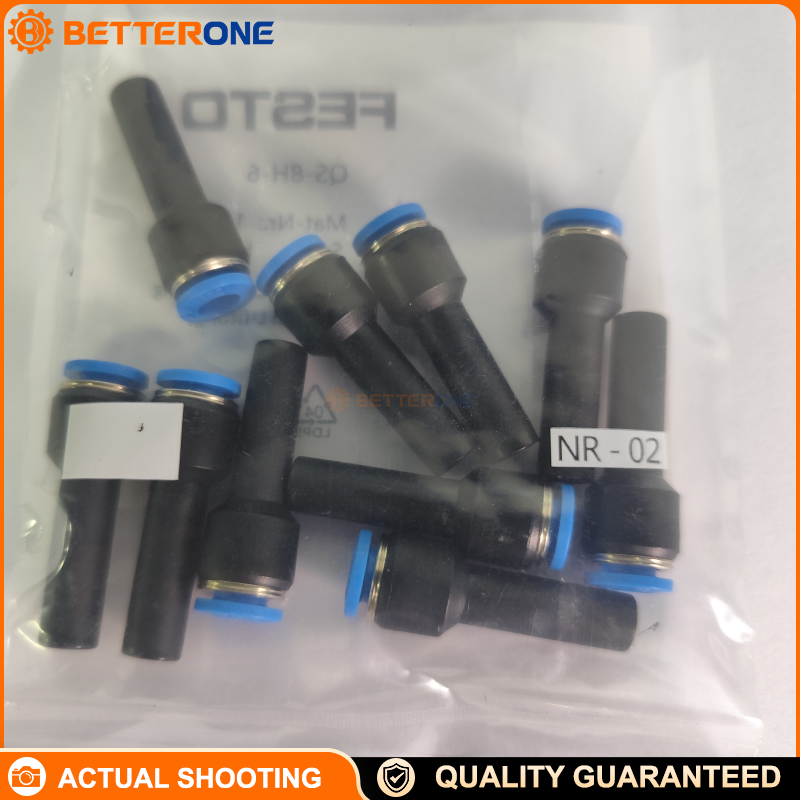 Festo QS-8H-6 (153042) Straight push-in connector: connection 1 push-in sleeve Ø8 mm, connection 2 for Ø6 mm tube OD, 17 mm insertion depth, -0.95…6 bar (full temp) / up to 14 bar (temp-dependent), -10…80°C, PBT body + NBR seal.