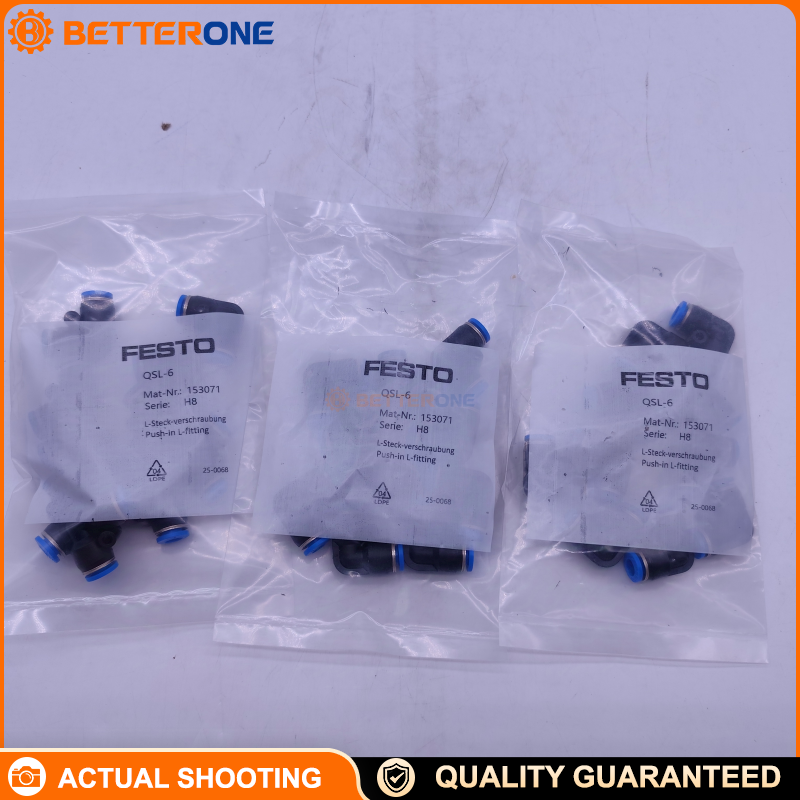 Festo QSL-6 (153071) Push-in L-connector (elbow union) for 6mm OD tube × 6mm OD tube, push-pull principle, PBT housing, NBR seal, -10…80°C, -0.95…6 bar full-temp / up to 14 bar temp-dependent.