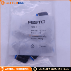 Festo QSL-6 (153071) Push-in L-connector (elbow union) for 6mm OD tube × 6mm OD tube, push-pull principle, PBT housing, NBR seal, -10…80°C, -0.95…6 bar full-temp / up to 14 bar temp-dependent.