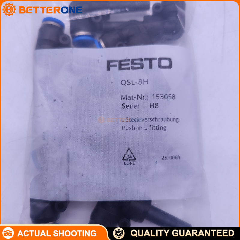 Festo QSL-8H (153058) Push-in L-connector: Port 1 push-in sleeve Ø8 mm, Port 2 for 8 mm OD tubing; 18.1 mm insertion depth; -0.95…6 bar (full temp) / up to 14 bar (temp-dependent), -10…80°C, PBT body + NBR seal, blue release ring.