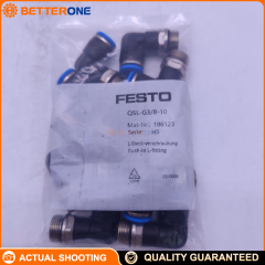 Festo QSL-G3/8-10 (186123) Push-in elbow fitting: G3/8 male thread to 10mm OD tube, 20.2mm insertion depth, PBT body + nickel-plated brass stud, NBR seal, -10…80°C, -0.95…6 bar full-temp, up to 14 bar