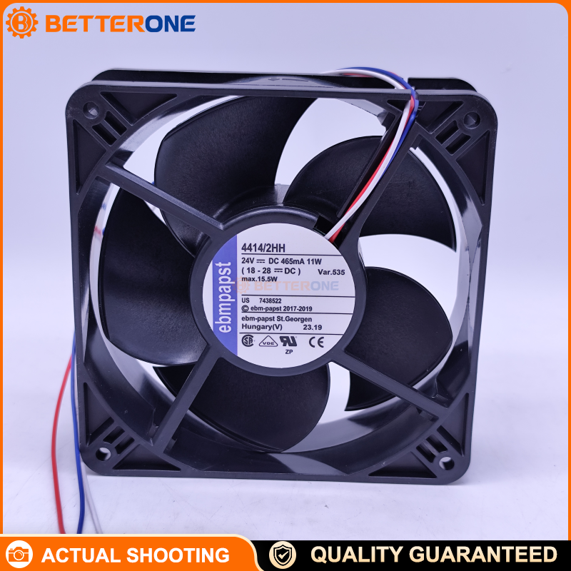 ebm-papst 4414/2HH (related variant: 4414 HH) 24VDC axial cooling fan, 120×120×38mm, 3-wire leads, ball bearing, high airflow about 280–285 m³/h (~167.9 CFM) for control cabinets, inverters/drives, industrial power cooling.
