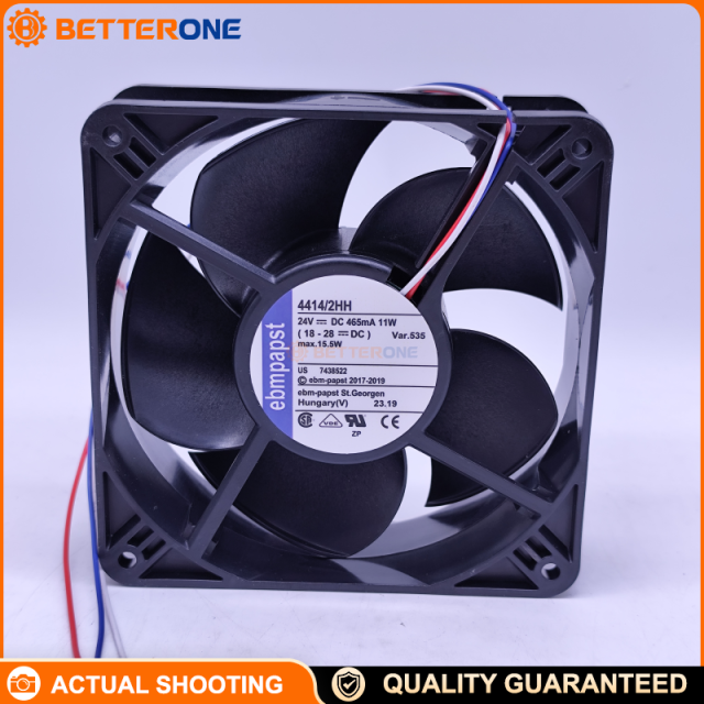 ebm-papst 4414/2HH (related variant: 4414 HH) 24VDC axial cooling fan, 120×120×38mm, 3-wire leads, ball bearing, high airflow about 280–285 m³/h (~167.9 CFM) for control cabinets, inverters/drives, industrial power cooling.