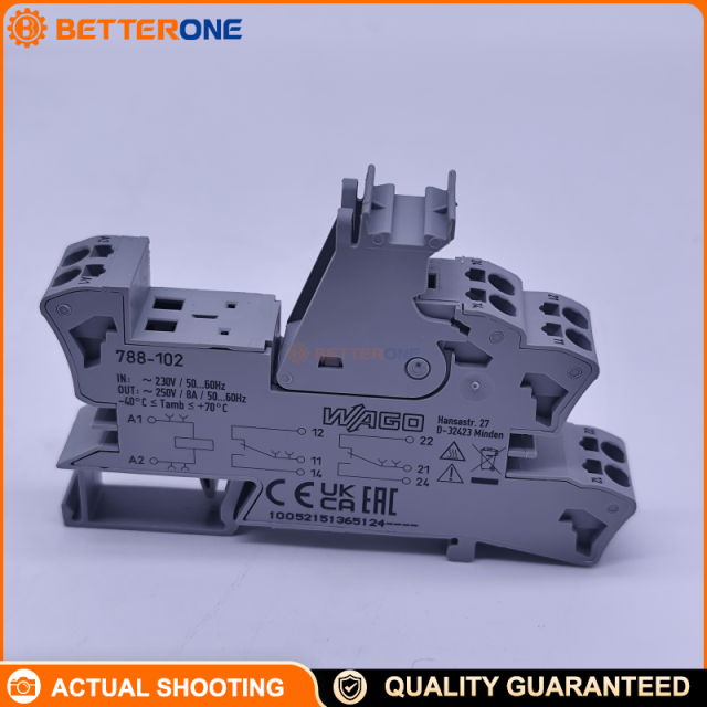 WAGO 788-102 Relay Socket (socket only), Series 788, DPDT (2 changeover contacts), for 15 mm basic relays, DIN-35 rail mount, Push-in CAGE CLAMP® wiring, rated 300 V, 8 A continuous current, gray.