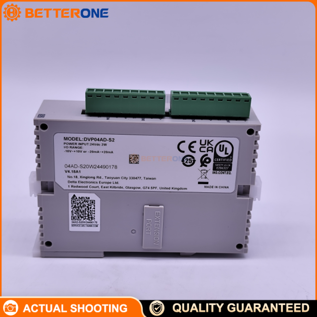 Delta DVP04AD-S2 DVP-S Series 4-Channel Analog Input Module (4AI), supports ±10V / ±20mA, differential input, 14-bit resolution, 24VDC supply, built-in RS-485, DIN-rail mount—ideal for DVP PLC analog acquisition & process control.