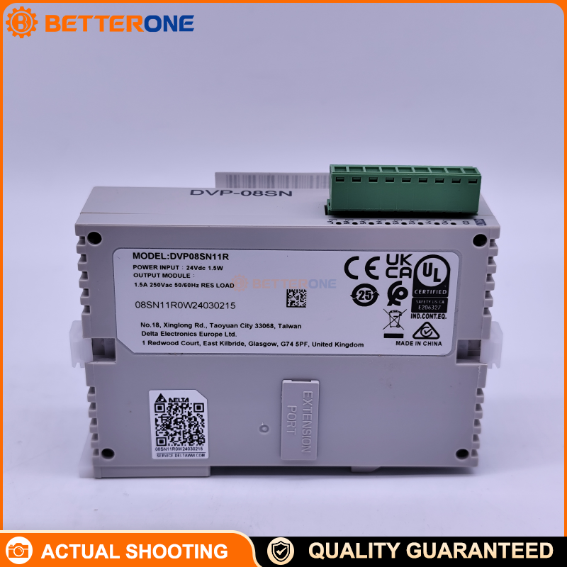 Delta DVP08SN11R DVP-S PLC Digital Output Module, 8-point relay output (8DO), 24VDC supply, DIN-rail mount, pluggable screw terminals, 1.5A/point, 5A common, contacts rated 250VAC/30VDC for I/O expansion and load switching.
