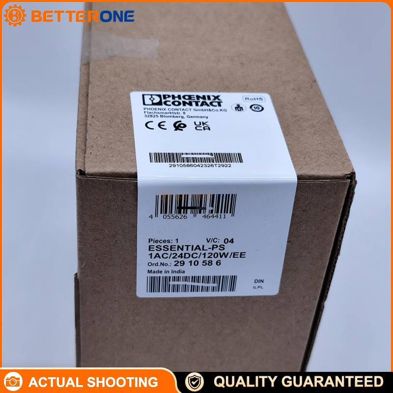 Phoenix Contact 2910586 ESSENTIAL-PS/1AC/24DC/120W/EE DIN-rail power supply, 24VDC 5A 120W, 1-phase input 100-240VAC (85-264VAC range), compact industrial PSU for control panels, distribution boxes, and automation equipment.