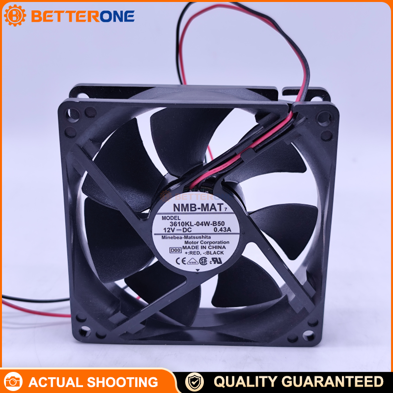 NMB 3610KL-04W-B50-D00 DC axial cooling fan, 12VDC, 92×92×25mm, ball bearing, 54.7CFM / 1.55m³/min, 3200RPM, 2-wire leads, square flange mount, ideal for control panels, power supplies, drives, and industrial equipment cooling.