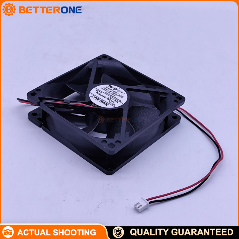 NMB 3610KL-04W-B50-D00 DC axial cooling fan, 12VDC, 92×92×25mm, ball bearing, 54.7CFM / 1.55m³/min, 3200RPM, 2-wire leads, square flange mount, ideal for control panels, power supplies, drives, and industrial equipment cooling.
