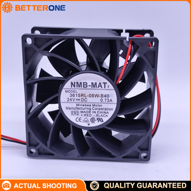 NMB 3615RL-05W-B40 / 3615RL-05W-B40-E00 DC Axial Cooling Fan, 24VDC, 92×92×38mm, ball bearing, 118.6CFM / 3.36m³/min, 5700RPM, 2-wire leads, ideal for control panels, power supplies, servo drives, and industrial cooling.