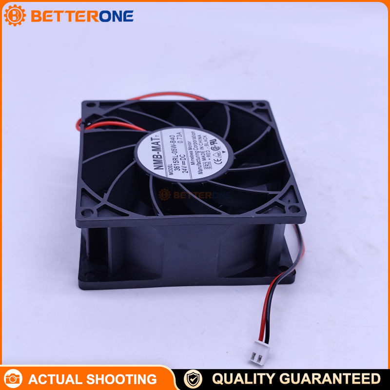 NMB 3615RL-05W-B40 / 3615RL-05W-B40-E00 DC Axial Cooling Fan, 24VDC, 92×92×38mm, ball bearing, 118.6CFM / 3.36m³/min, 5700RPM, 2-wire leads, ideal for control panels, power supplies, servo drives, and industrial cooling.