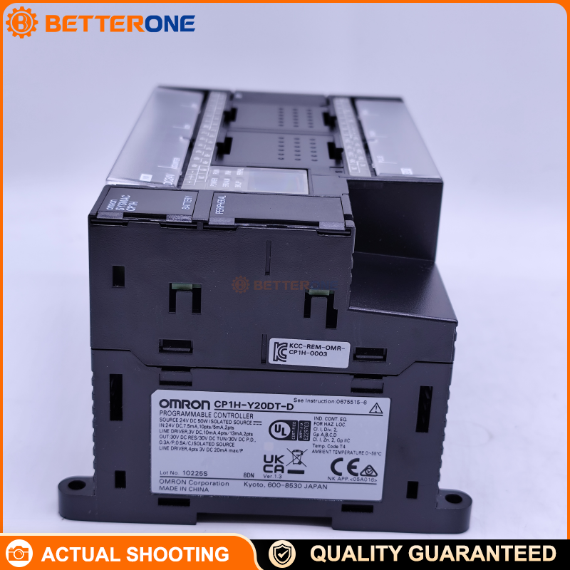 Omron CP1H-Y20DT-D CP1H PLC CPU, 20 I/O (12DI+8DO), 24VDC, NPN transistor outputs, 20K steps, 1 MHz high-speed counters/pulse control, ideal for positioning, machine automation, and high-speed motion applications.
