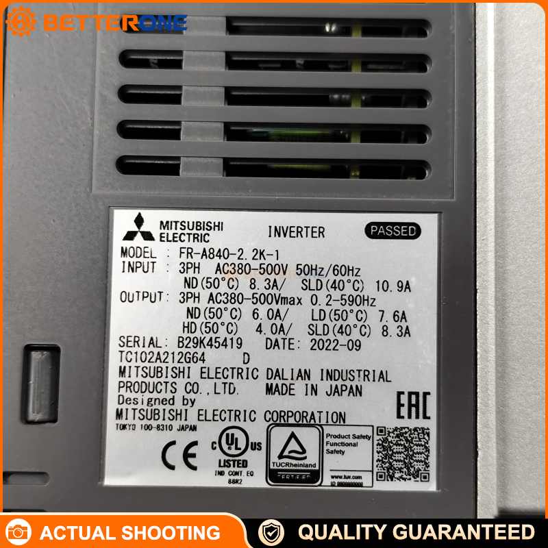 Mitsubishi Electric FR-A840-2.2K-1 FREQROL FR-A800 High-Performance Inverter, 2.2kW, 3-phase 400V class input / 3-phase 380–500V output, rated output current 6A, built for industrial communication and precise motor control