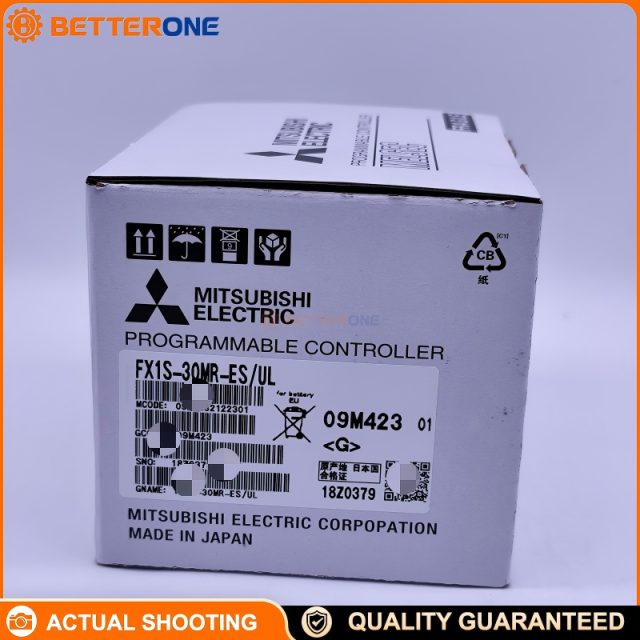 Mitsubishi Electric FX1S-30MR-ES/UL MELSEC-F FX1S PLC CPU, 30 I/O (16DI+14 relay DO), 100–240VAC power supply, 24VDC sink/source inputs, non-expandable compact controller for packaging, conveying, general machinery, and basic automation control.