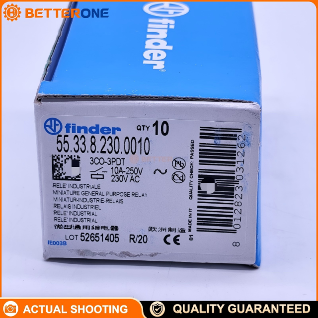 Finder 55.33.8.230 Series 55 General Purpose Plug-In Relay, 3PDT 10A 230V AC Coil for 94 Series Sockets, Industrial Electromechanical Relay for DIN Rail Panel Mount Control Cabinets, Automation Interfaces and Machine Control