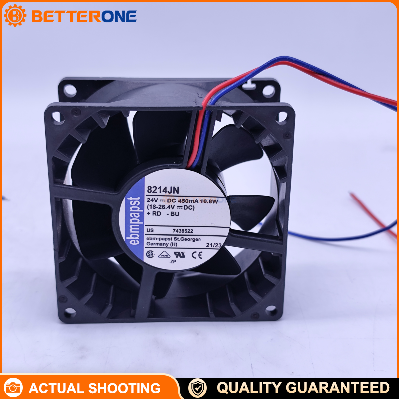 ebm-papst 8214JN DC Axial Compact Fan 80x80x38mm 24VDC Ball Bearing Cooling Fan with 8400 RPM Speed, 132 m3/h Airflow, 55 dB(A) Noise, Wire Leads, Industrial Thermal Management Fan for Control Cabinets, Electronics and Automation Equipment