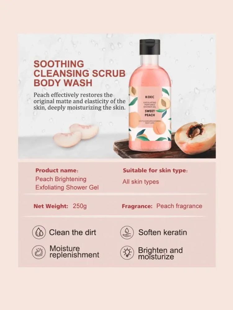 KOEC Organic Peach Amino Skin Care Body Wash Brightening Exfoliating Shower Gel