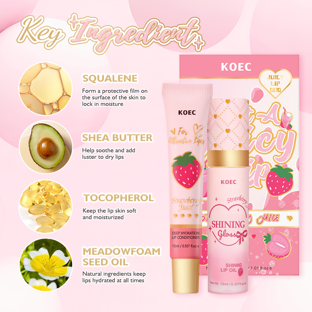 Strawberry/ Peach Flavor Lip Oil & Lip Conditioner Set, 2pcs/set Moisturizing Lip Oil & Lip Conditioner, Hydrating Lip Care Product for Women & Girls