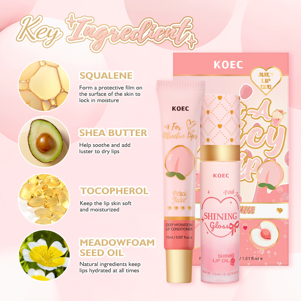 Strawberry/ Peach Flavor Lip Oil & Lip Conditioner Set, 2pcs/set Moisturizing Lip Oil & Lip Conditioner, Hydrating Lip Care Product for Women & Girls