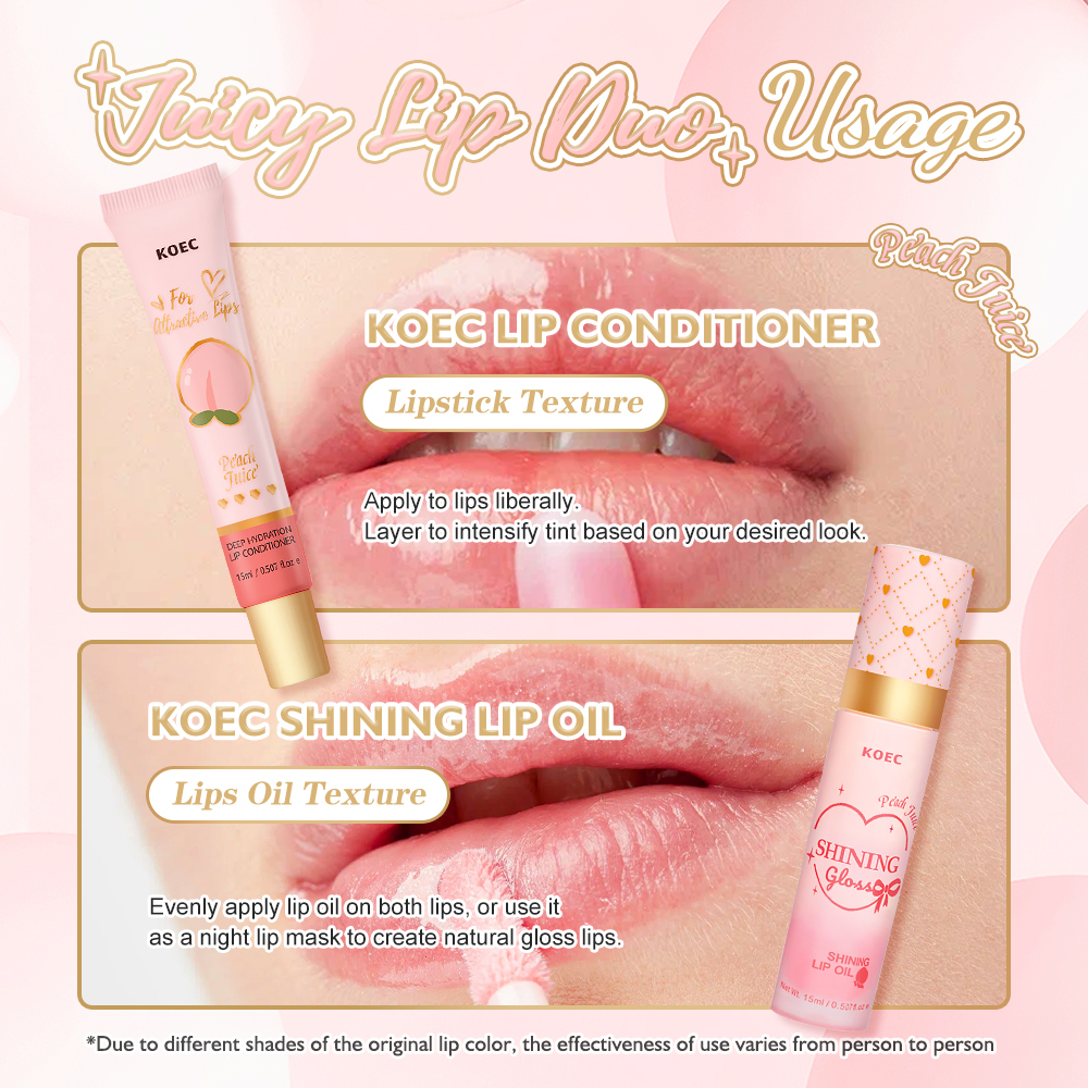 Strawberry/ Peach Flavor Lip Oil & Lip Conditioner Set, 2pcs/set Moisturizing Lip Oil & Lip Conditioner, Hydrating Lip Care Product for Women & Girls