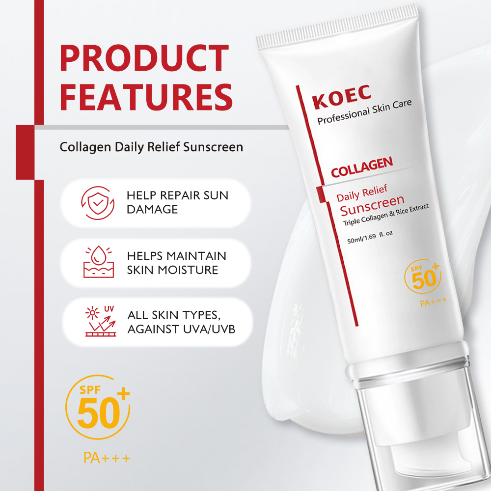 Sunscreen SPF 50+ PA+++ with triple collagen and rice extract, combining hydration and sun protection,50ml