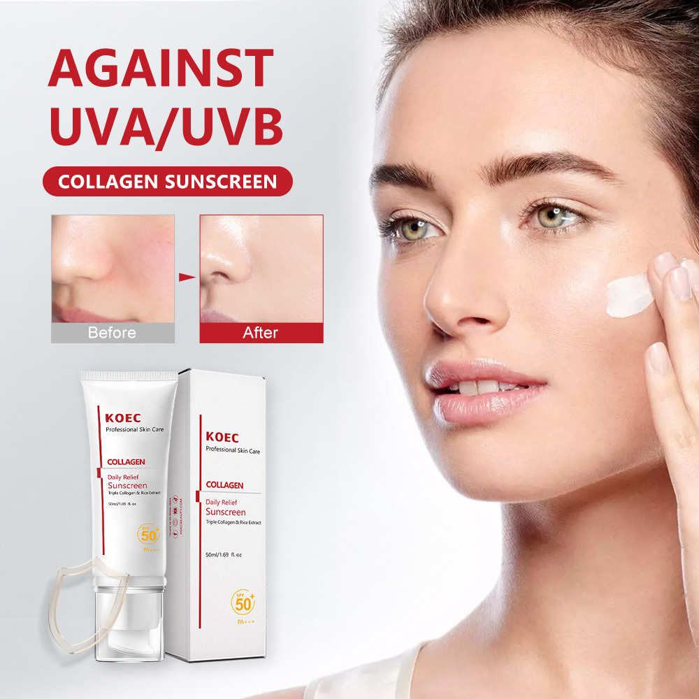 Sunscreen SPF 50+ PA+++ with triple collagen and rice extract, combining hydration and sun protection,50ml