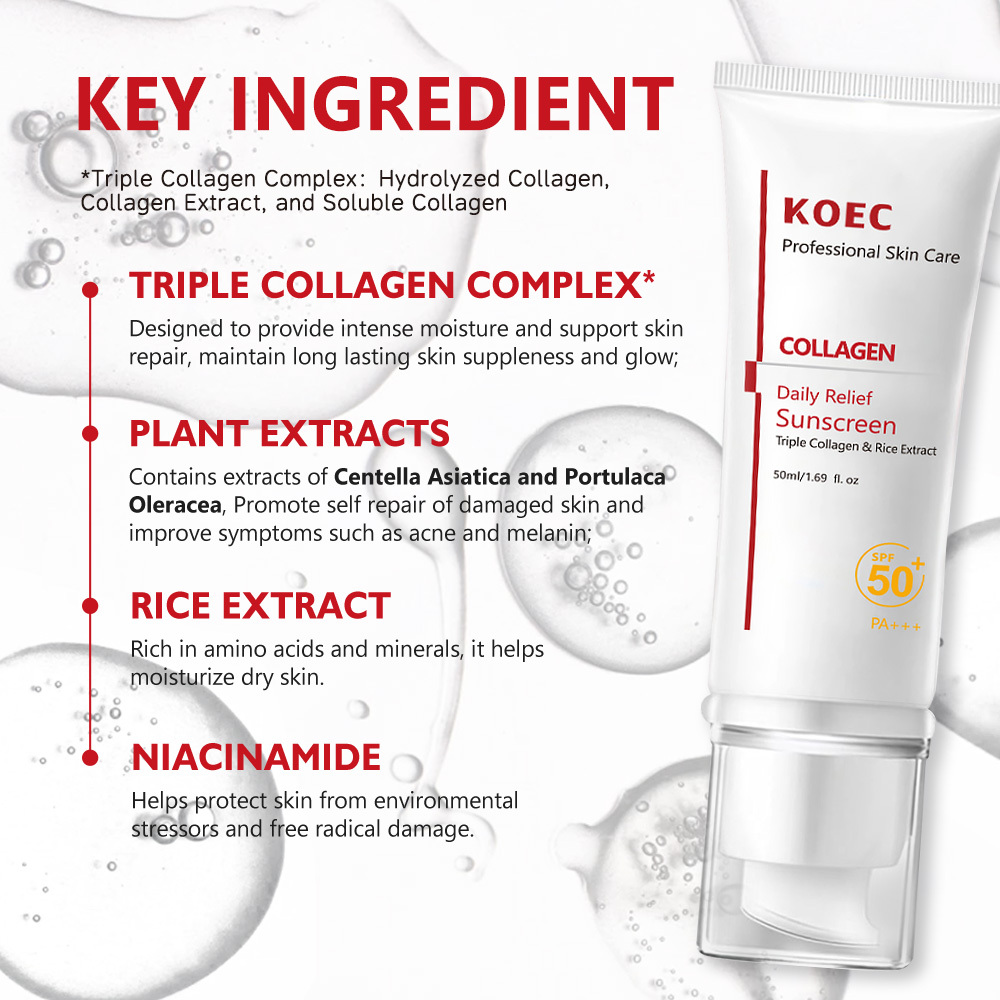 Sunscreen SPF 50+ PA+++ with triple collagen and rice extract, combining hydration and sun protection,50ml