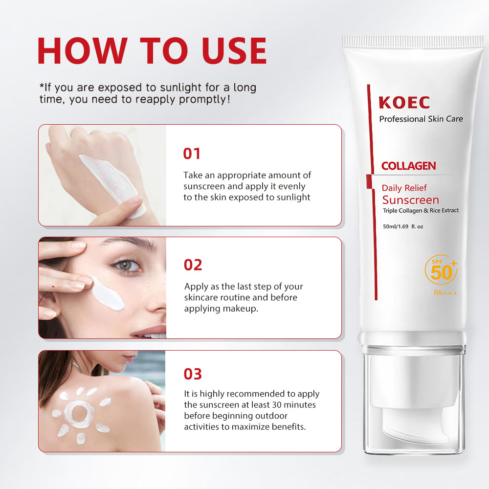 Sunscreen SPF 50+ PA+++ with triple collagen and rice extract, combining hydration and sun protection,50ml