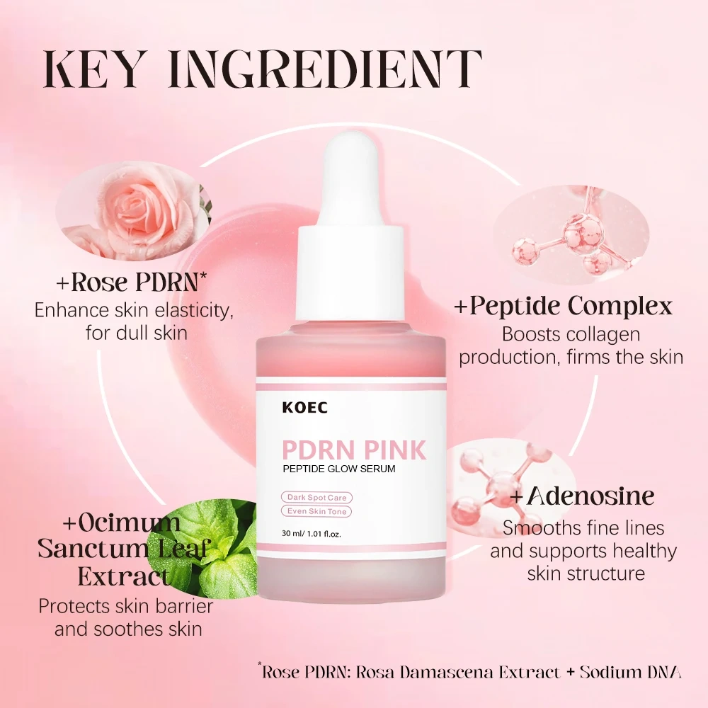 Rose Pdrn Pink Peptide Serum 30ml KOEC Private Label Niacinadmie Hydrating Moisturizing PDRN Face Serum Brightening Skin OEM