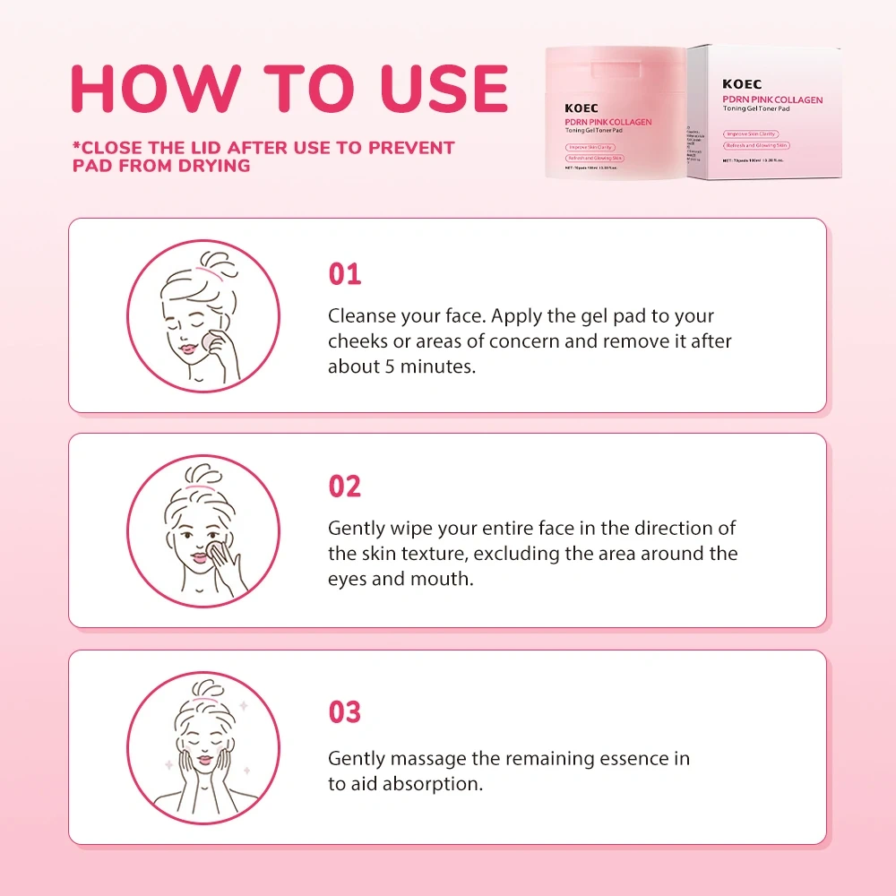 Korean PDRN Pink Jelly Facial 70Pads, KOEC Collagen Gel Toner Face Pad with Niacinamide for Daily Skin Care Soothing Wholesale