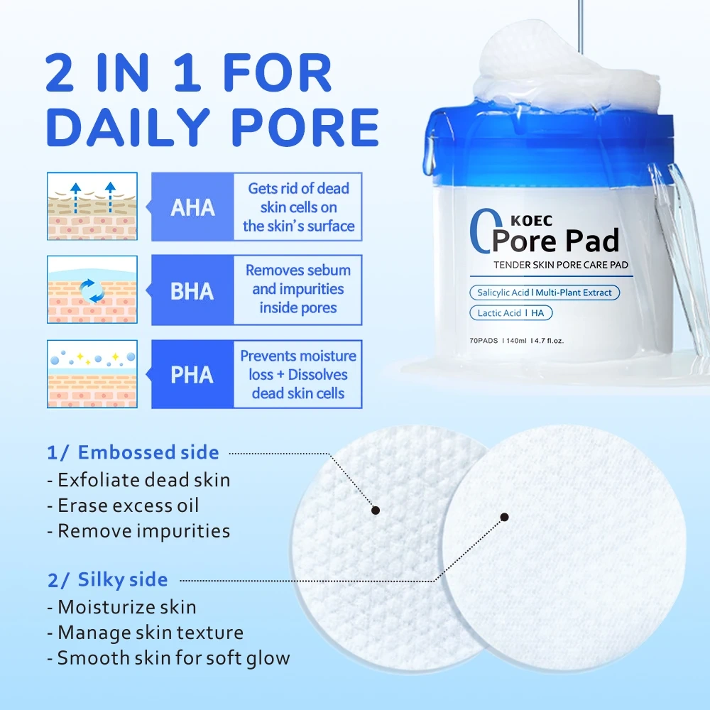 KOEC Salicylic Acid Cleansing Pad, Tender Facial Toner Pad for Exfoliation and Pore Care,Daily Skincare Face Cleanser Wholesale